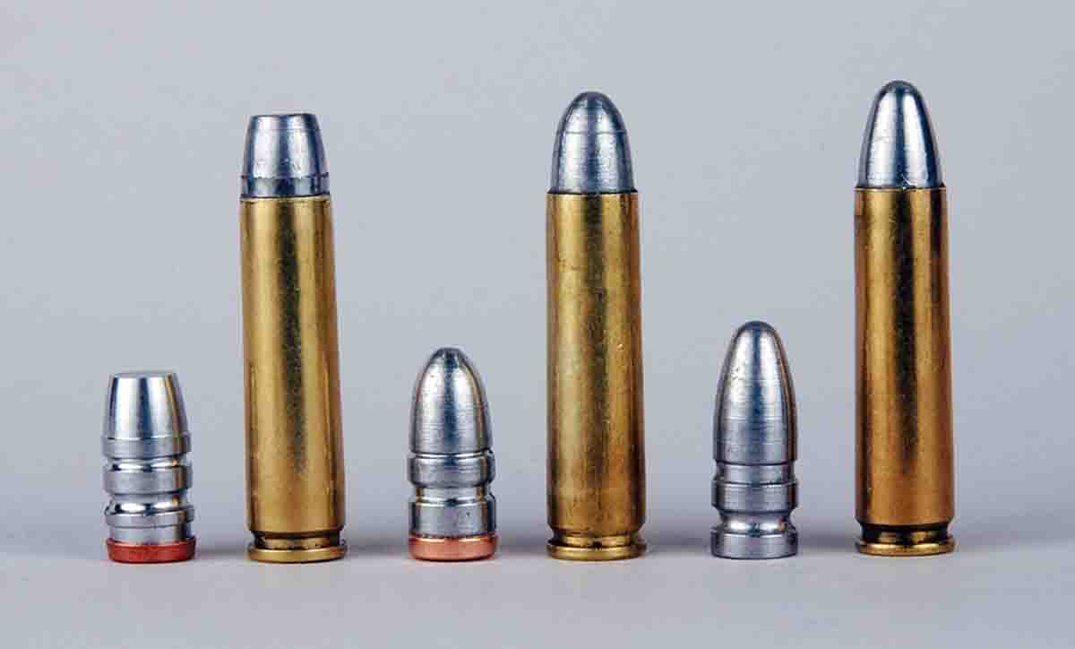 Some of the lightweight .30-caliber cast bullets Mike has tried in .30 Carbine include (left to right): a Lyman 311316 (discontinued), Redding/SAECO No. 302 and a Lyman 311410.